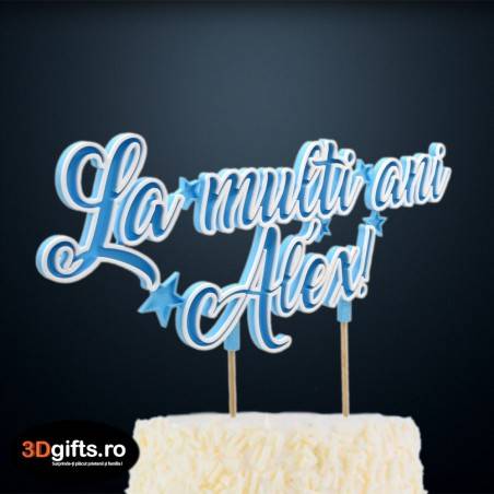 Topper Tort Personalizat Albastru - "La Mulți Ani" Cu Nume Topper Tort Personalizat Albastru - "La Mulți Ani" Cu Nume