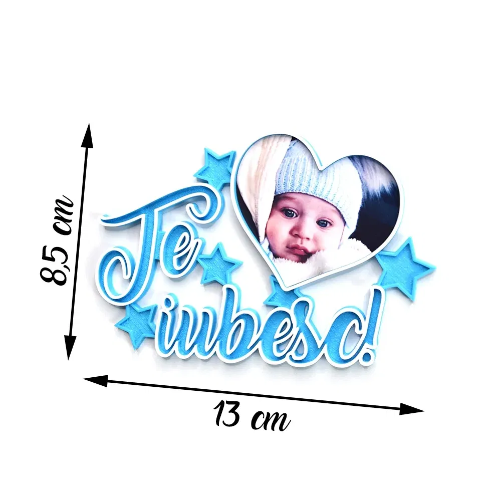 Magnet Personalizat 3D cu Poză - Model "Te iubesc", Albastru