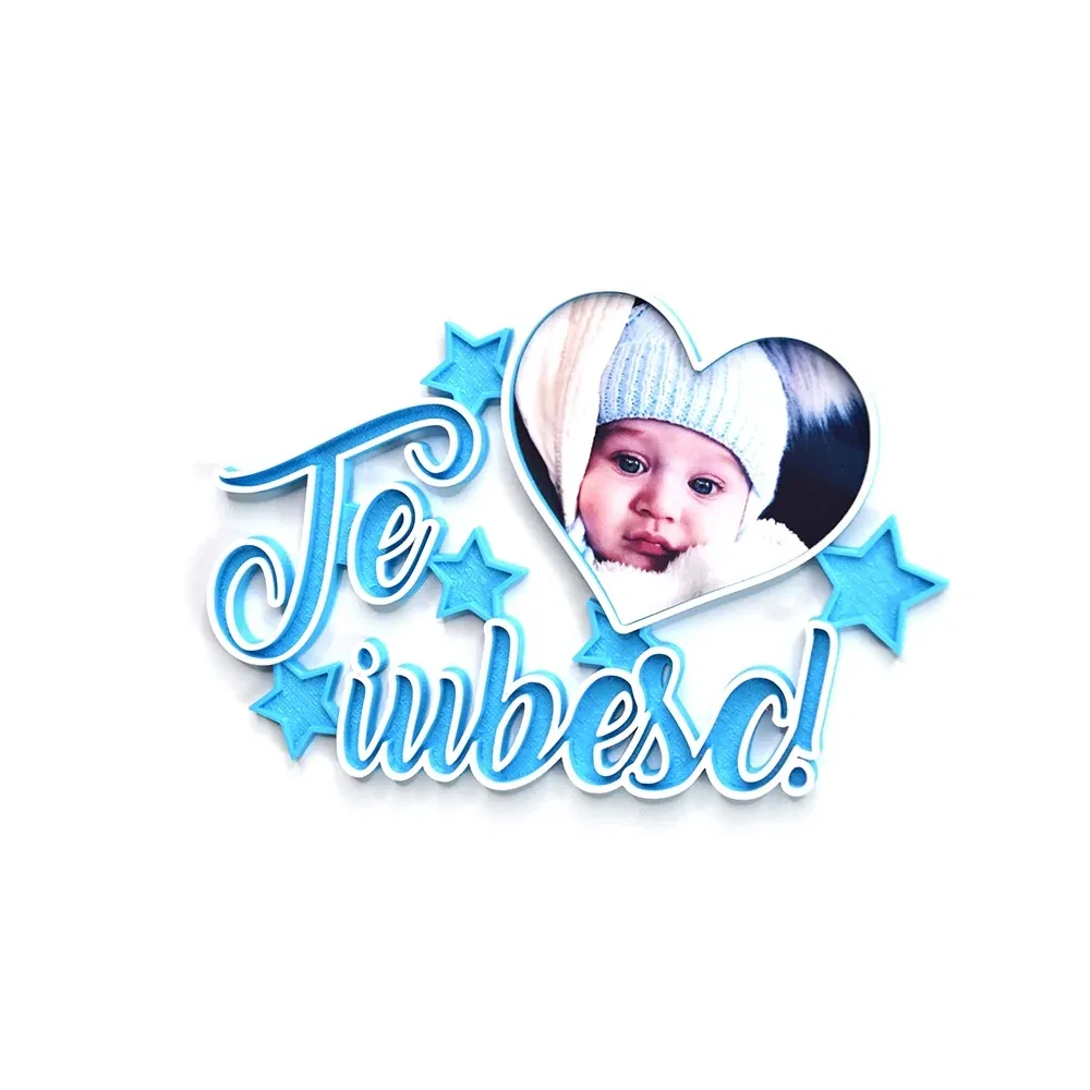 Magnet Personalizat 3D cu Poză - Model "Te iubesc", Albastru