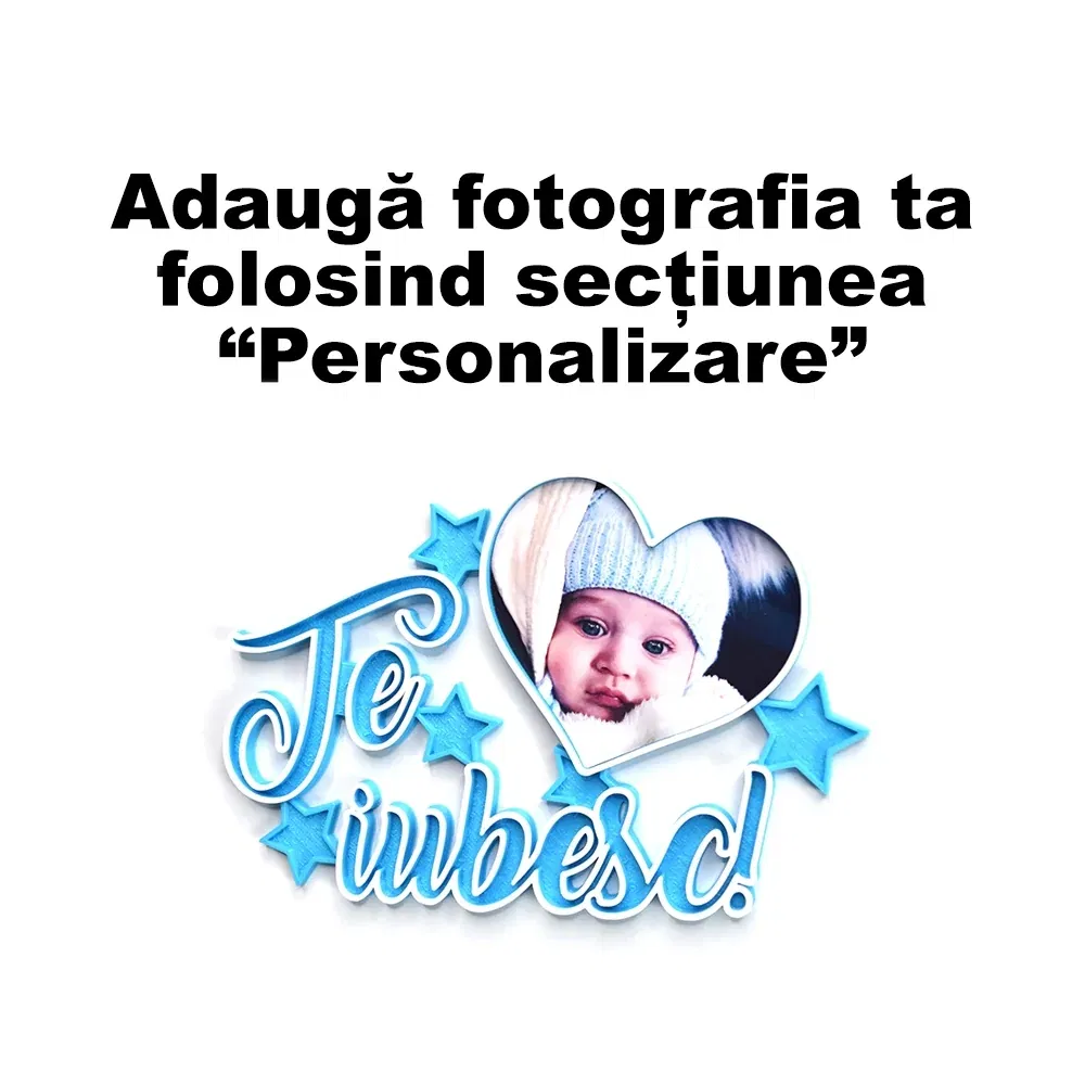 Magnet Personalizat 3D cu Poză - Model "Te iubesc", Albastru