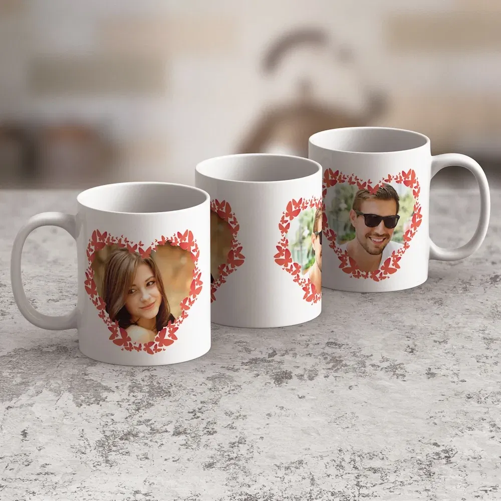 Cană Personalizată - Model "Fluturași De Dragoste" Cu 2 Poze Cană Personalizată - Model "Fluturași De Dragoste" Cu 2 Poze