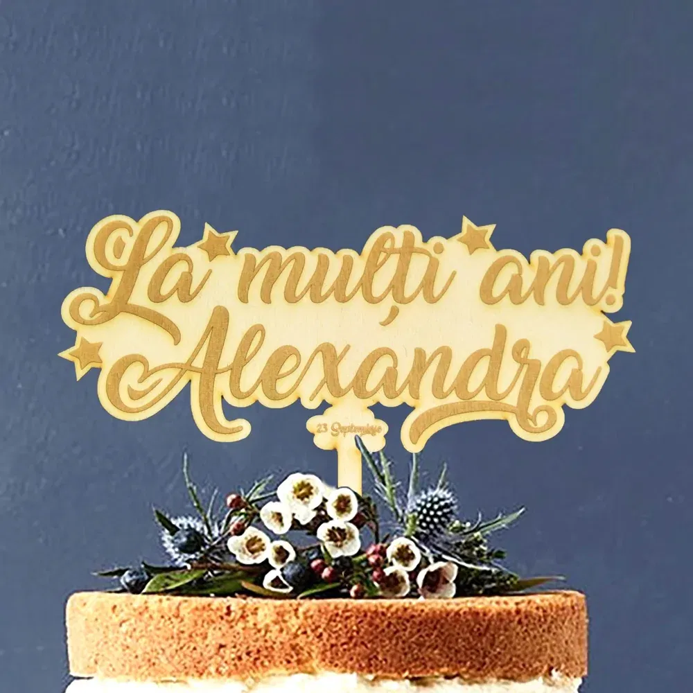 Topper Tort Personalizat Lemn - "La Mulți Ani" Cu Nume Și Dată Topper Tort Personalizat Lemn - "La Mulți Ani" Cu Nume Și Dată