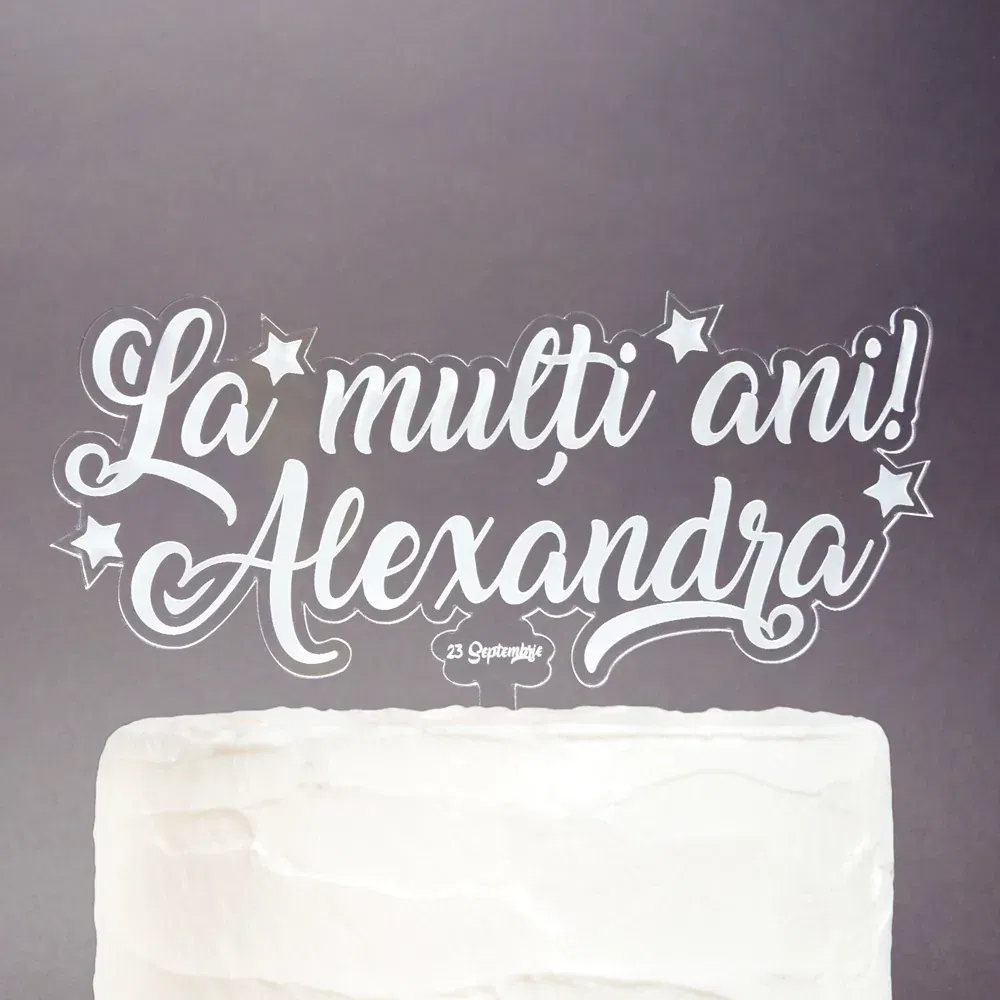 Topper Tort Personalizat Transparent - "La Mulți Ani" Cu Nume Și Dată