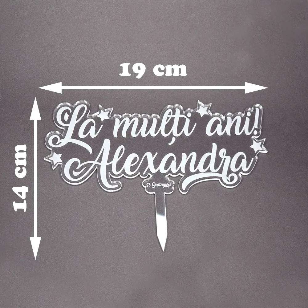 Topper Tort Personalizat Transparent - "La Mulți Ani" Cu Nume Și Dată