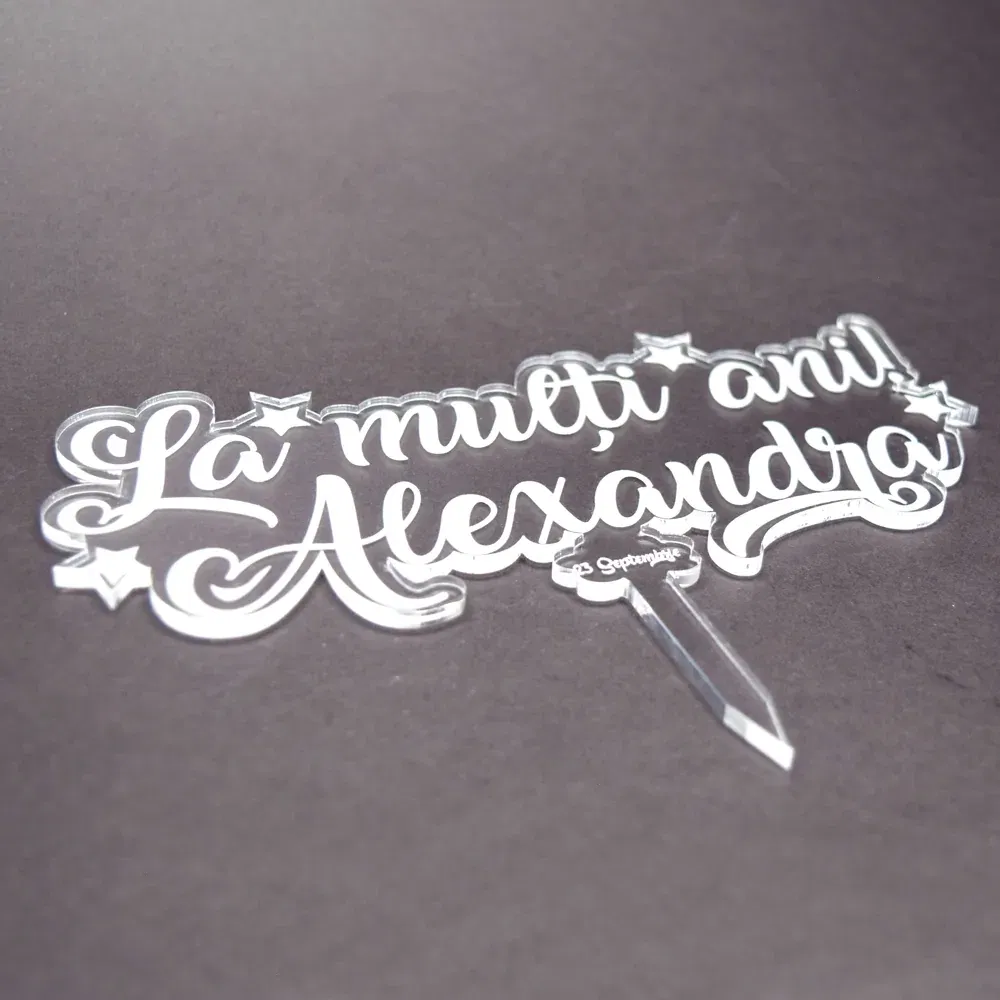 Topper Tort Personalizat Transparent - "La Mulți Ani" Cu Nume Și Dată