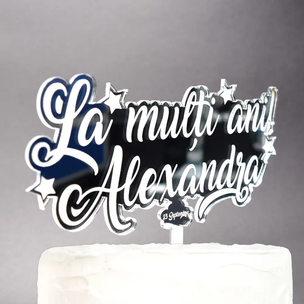 Topper Tort Personalizat Oglindă Argintiu - "La Mulți Ani" Cu Nume Și Dată