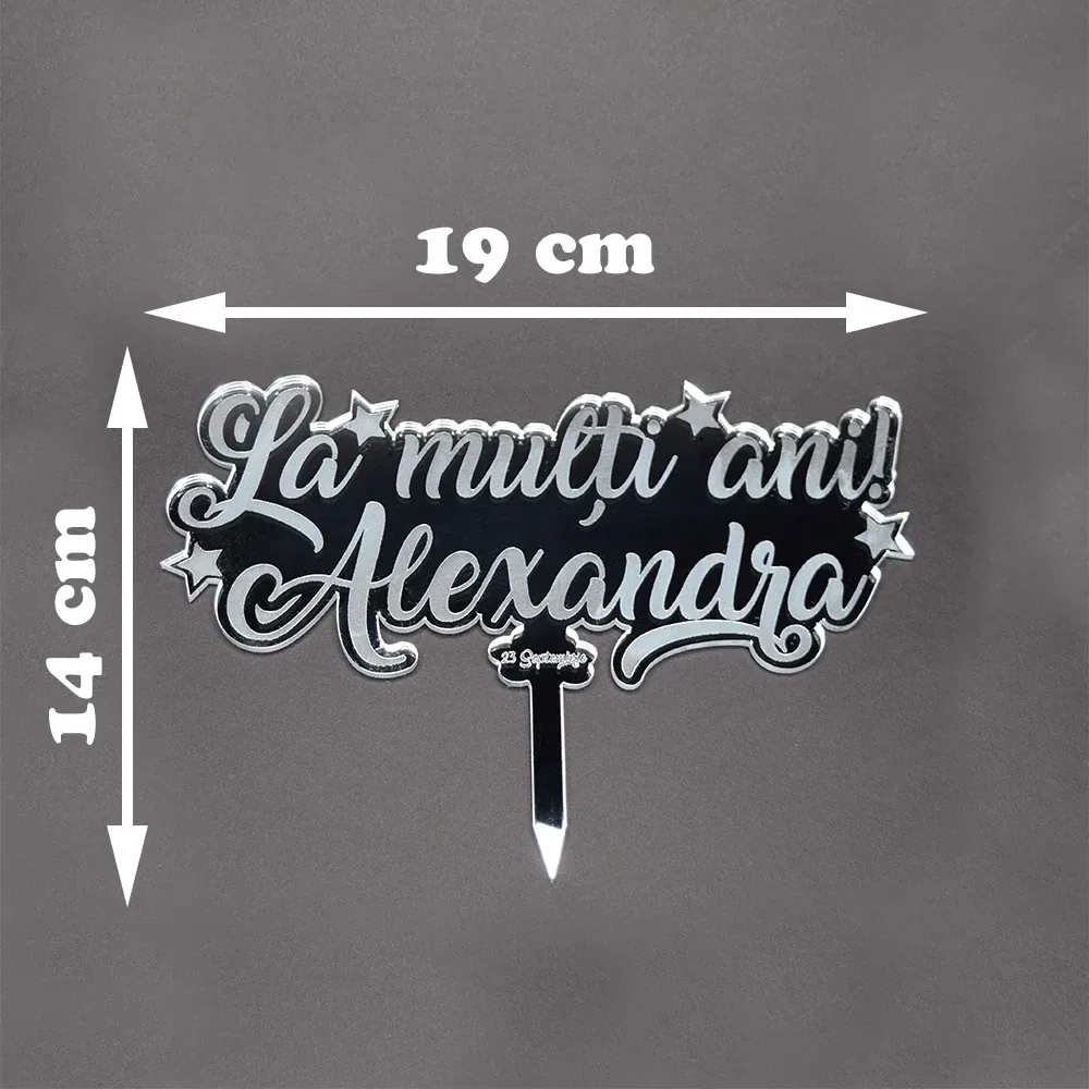 Topper Tort Personalizat Oglindă Argintiu - "La Mulți Ani" Cu Nume Și Dată Topper Tort Personalizat Oglindă Argintiu - "La Mulți Ani" Cu Nume Și Dată