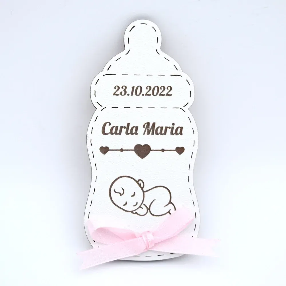 Mărturii Botez Magnetice Lemn - Biberon Fetiță - Set 10 Buc.