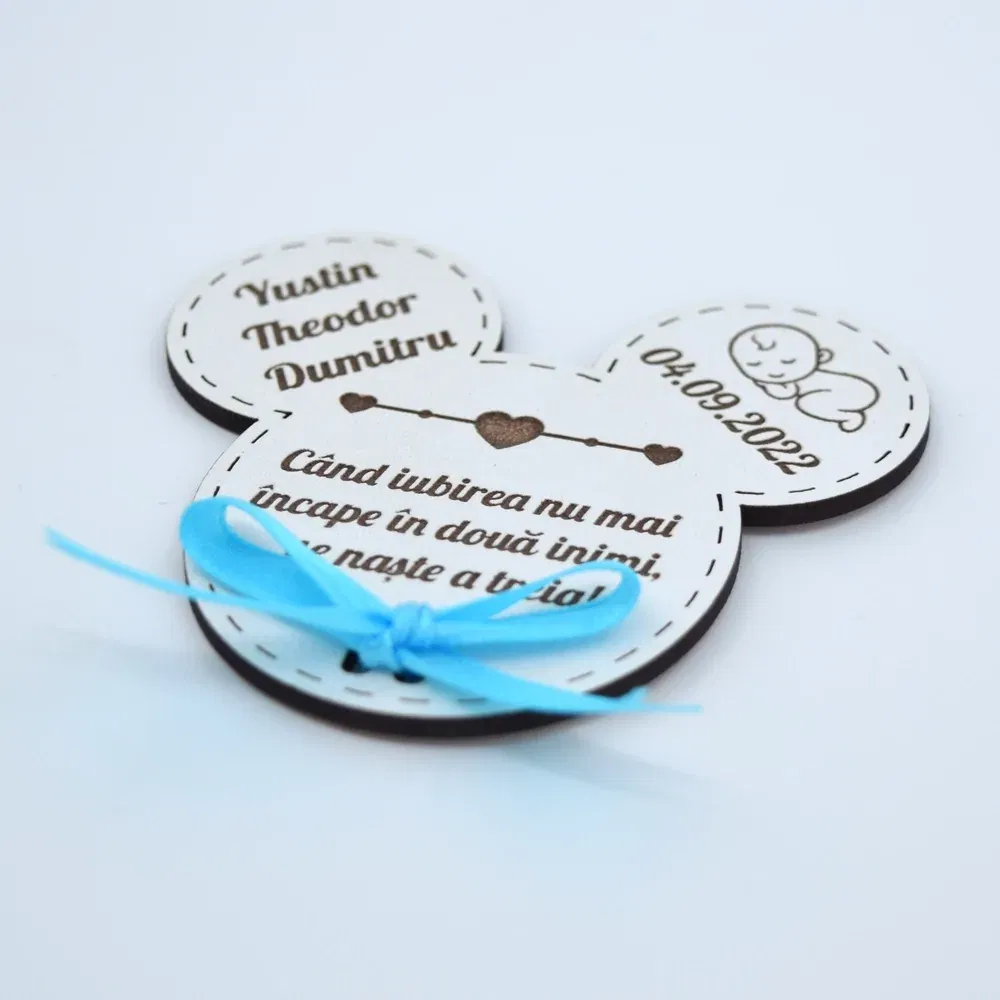 Mărturii Botez Magnetice Lemn - Micky Baiețel - Set 10 Buc.