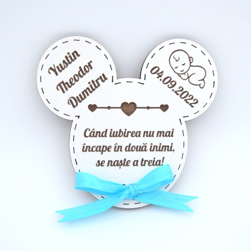 Mărturii Botez Magnetice Lemn - Micky Baiețel - Set 10 Buc.