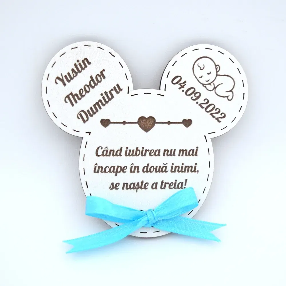 Mărturii Botez Magnetice Lemn - Micky Baiețel - Set 10 Buc.