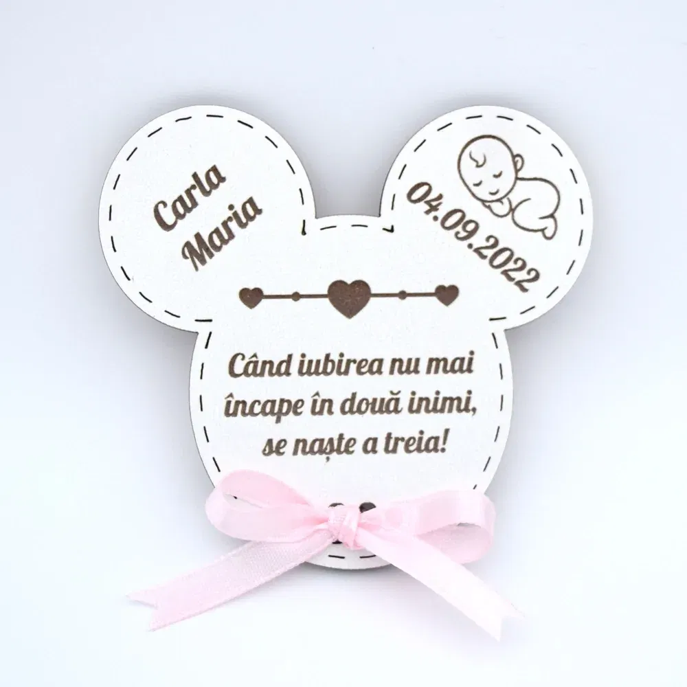 Mărturii Botez Magnetice Lemn - Micky Fetiță - Set 10 Buc. Mărturii Botez Magnetice Lemn - Micky Fetiță - Set 10 Buc.