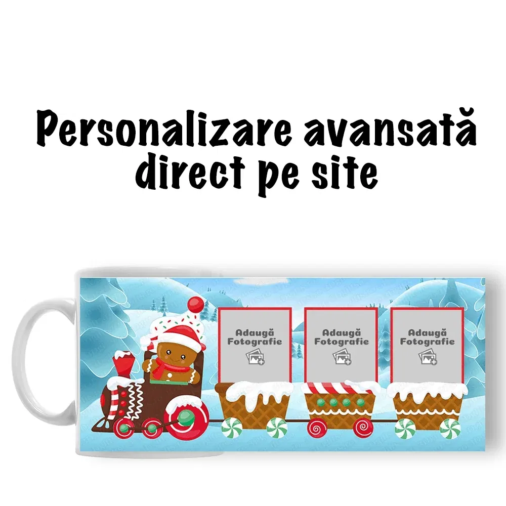 Cană Personalizată - Model "Trenuleț de Crăciun" Cu Trei Poze