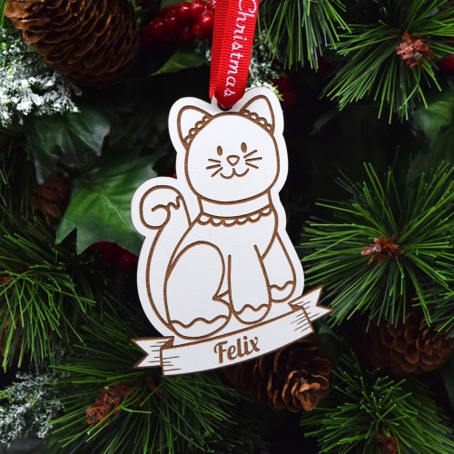 Glob Personalizat Cu Nume - Gingerbread Pisică - Lemn Alb
