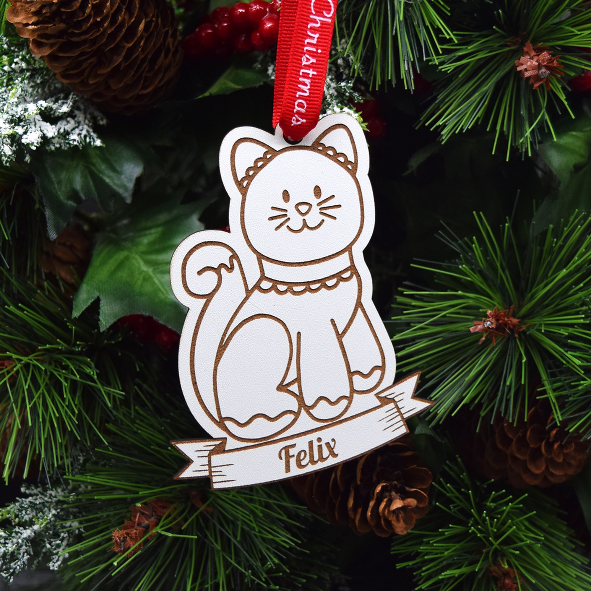 Glob Personalizat Cu Nume - Gingerbread Pisică - Lemn Alb
