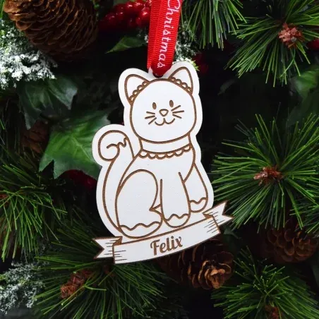 Glob Personalizat Cu Nume - Gingerbread Pisică - Lemn Alb Glob Personalizat Cu Nume - Gingerbread Pisică - Lemn Alb