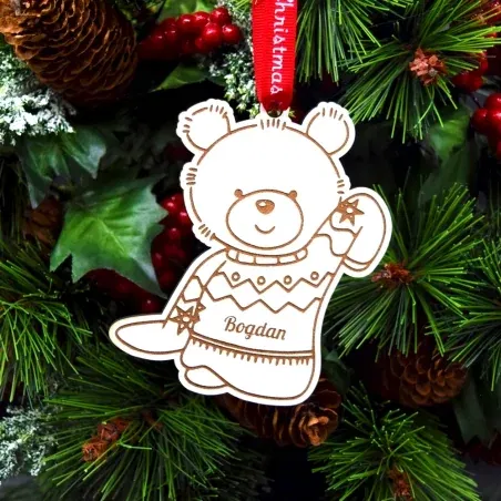 Glob Personalizat Cu Text - Ursuleț - Lemn Alb Glob Personalizat Cu Text - Ursuleț - Lemn Alb