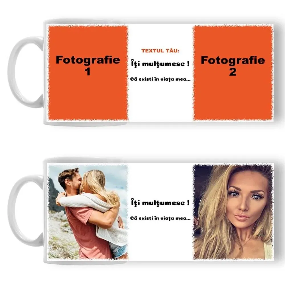 Cană Personalizată - Două Poze Cu Text