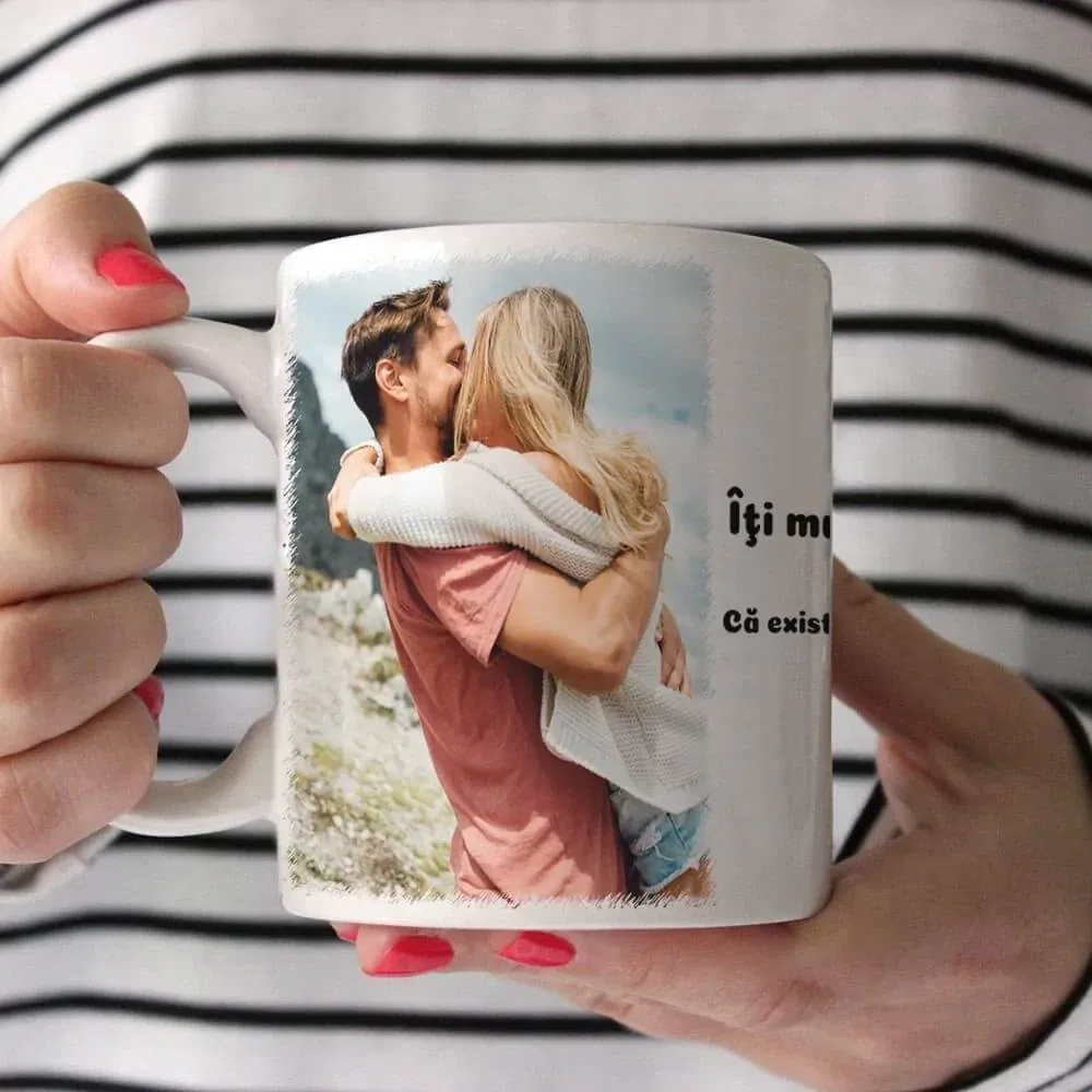 Cană Personalizată - Două Poze Cu Text