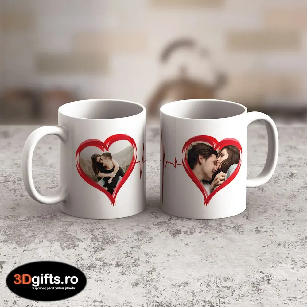 Cană Personalizată - Model "Heart Beat" Cu Două Poze