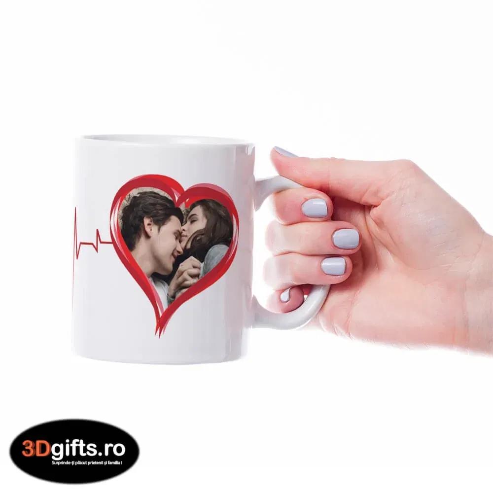 Cană Personalizată - Model "Heart Beat" Cu Două Poze