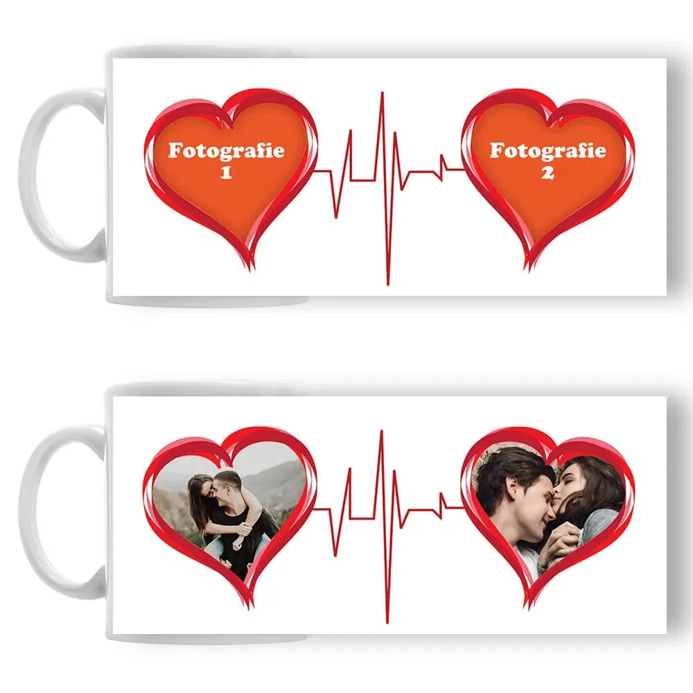 Cană Personalizată - Model "Heart Beat" Cu Două Poze