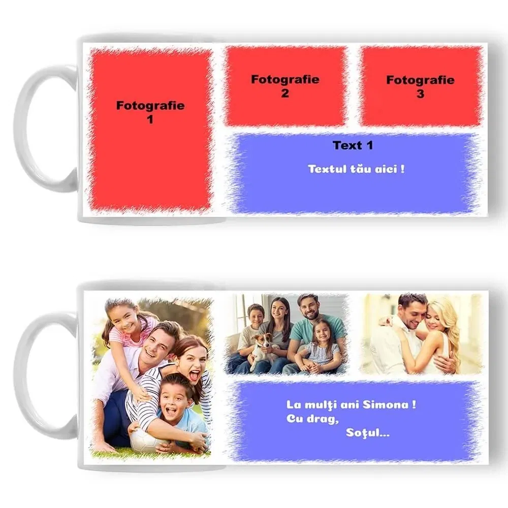 Cană Personalizată - 3 Poze Cu Text