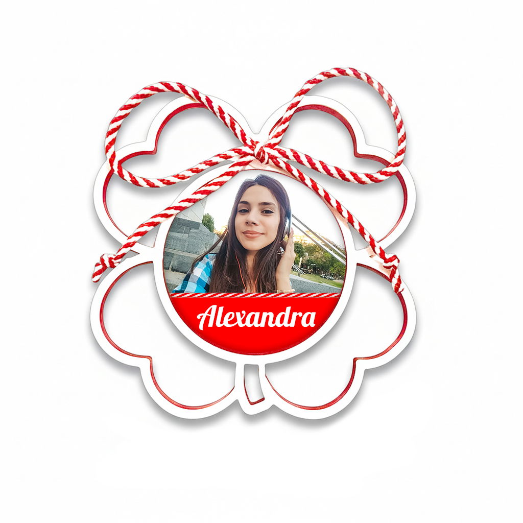 Mărțișor trifoi personalizat cu poză și text pentru iubită